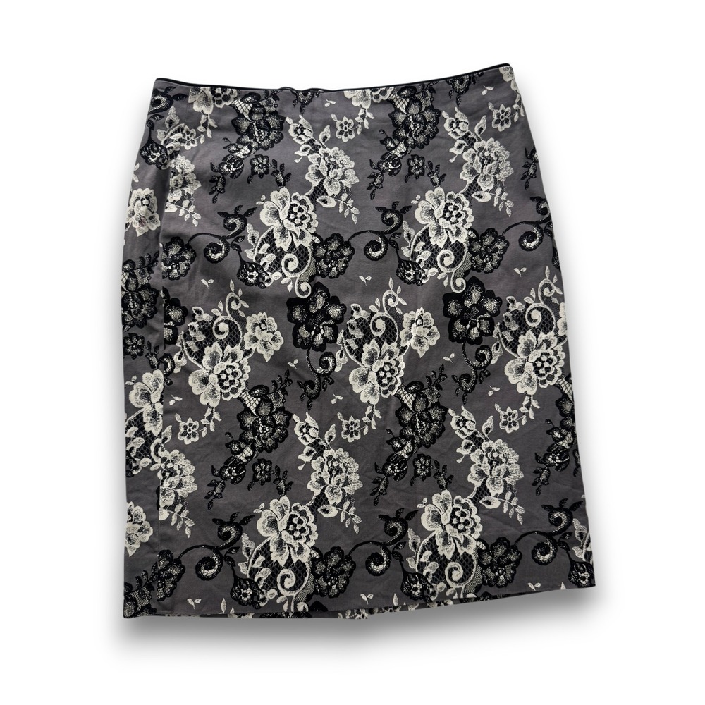 White House Black Market Floral Lace Print Pencil Skirt Grey Black White 4